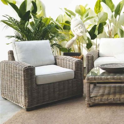 Lounge Sessel LIVING Kubu-Grey Rattan in Grey ca. B90cm mit Kissen