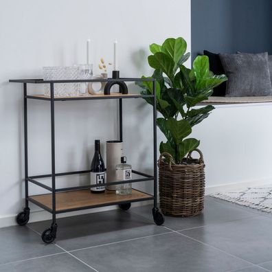 Moderner Bar-Rollwagen Barwagen LEVEN schwarz + Eiche-Look Servierwagen
