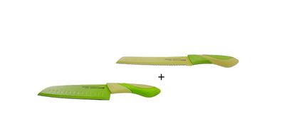 Bergner 2er Set Küchenmesser Santoku + Brotmesser Grün Nano Tech Plus Edelstahl