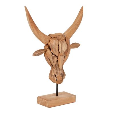 Teak Deko-Schädel BULL mit Stativ Natural Bullenkopf Bullenschädel Stier Kopf