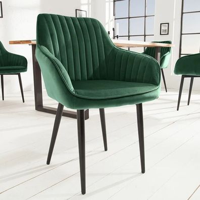 Eleganter Stuhl MILAN Samt grün Ziersteppung Armlehnen Esszimmerstuhl Retro