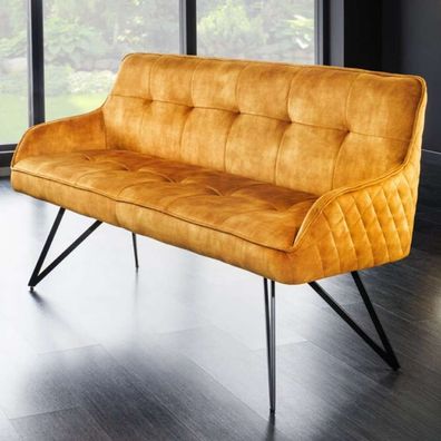 Elegante Sitzbank HORA ca.160cm Samt ocker-gelb Ziersteppung Armlehnen Metallbeine