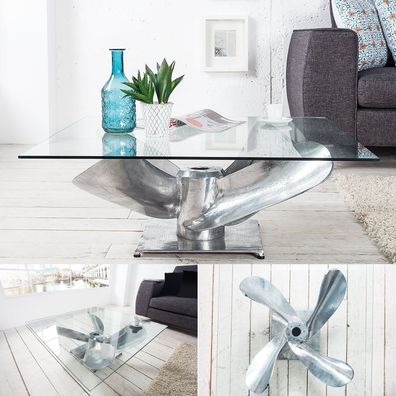 Design Couchtisch ELICA 70cm silber Aluminium Schiffsschraube Maritim Glasplatte