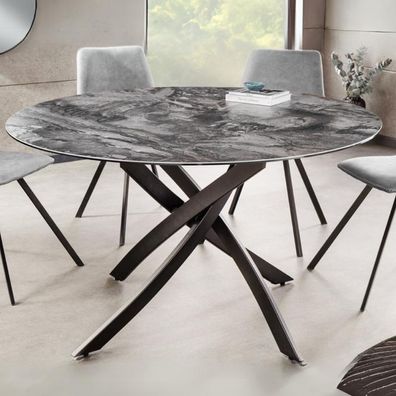 Design Esstisch AMICA 120cm taupe Marmor-Optik Keramik schwarzes Metall-Gestell