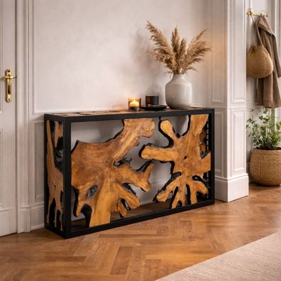 Design Teak Konsole DUNCAN 120cm natural schwarzes Metall Konsolentisch Massiv