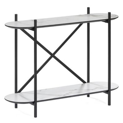Moderne Design Konsole MARMOL-Plus 100cm weiss Marmor-Dekor Metallgestell