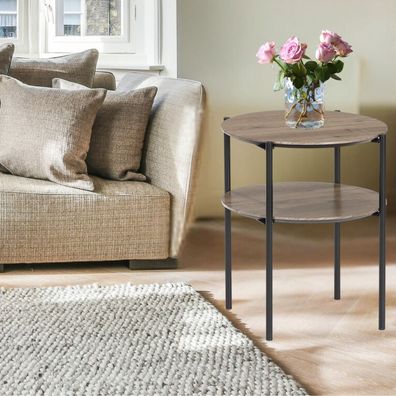 Moderner Beistelltisch PINA 43x48cm taupe Ablage Pinien-Optik schwarzes Metallgestell