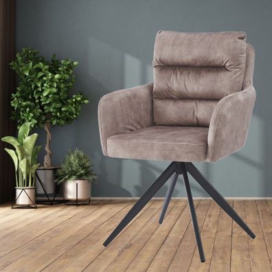 Bequemer 360° Drehstuhl Georgia creme Samt mit Armlehne Metall schwarz