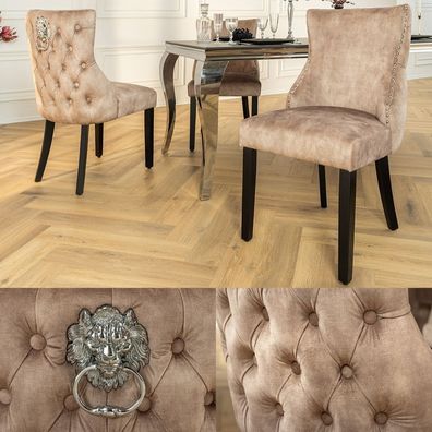 Edler Stuhl LEON Samt beige Löwenkopf Nieten Chesterfield schwarze Beine