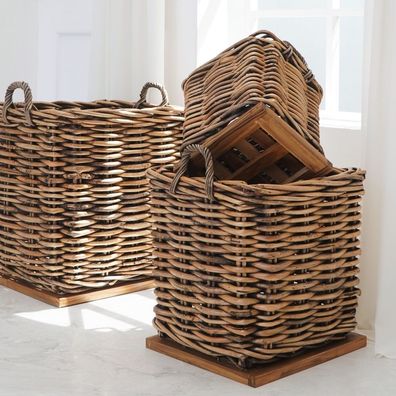 Dickes CL Rattan Korb Cestino braun ca.70cm Teakbodenplatte Pflanzkorb Griffe