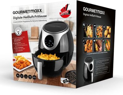 Gourmetmaxx Heißluftfritteuse Digital, 3L, 6 Programme, Schwarz | Timer & Abschaltung