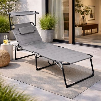 XXL Sonnenliege Gartenliege Liege Alu mit Sonnendach gepolstert Grau L200xB70cm