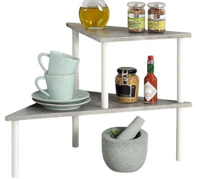 KESPER Küchen-Eckregal 2-stöckig Beton-Optik Weiß Etagenregal für Ecke platzsparend