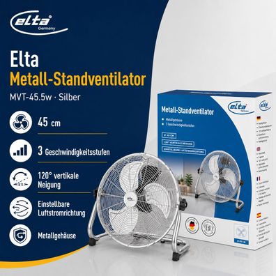 Elta Metall-Standventilator 3 Geschwindigkeitsstufen 120 Grad Neigung