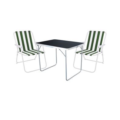 3-tlg Camping Set Campingtisch Schwarz + 2 x Campingstuhl Klappstuhl Grün Weiß