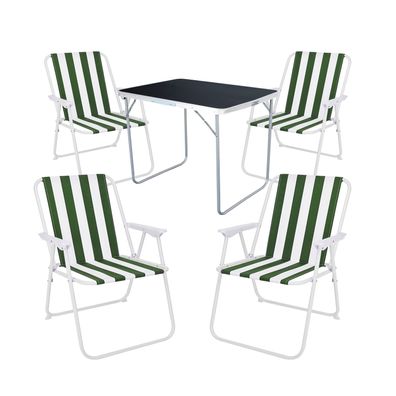 5-tlg Camping Set Campingtisch Schwarz + 4 x Campingstuhl Klappstuhl Grün Weiß