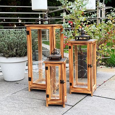 3'er Set Design Holzlaternen Gartenlaternen Windlicht Edelstahldach H 67/53/41CM