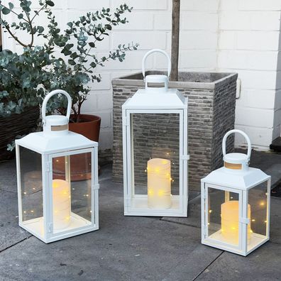3er Deko Laternen Set Weiß Gartenlaterne Windlicht Metall Außen H24/33/41cm