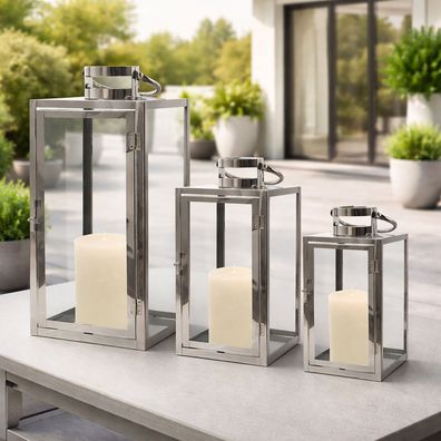 Mojawo® 3tlg XXL Luxus Edelstahl Gartenlaternen Set Windlichter Laterne Rostfrei