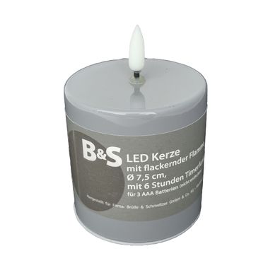 LED Kerze Grau hochglanz 3D Flamme 6 Stunden Timer 7,5 x 7,5 Ø cm