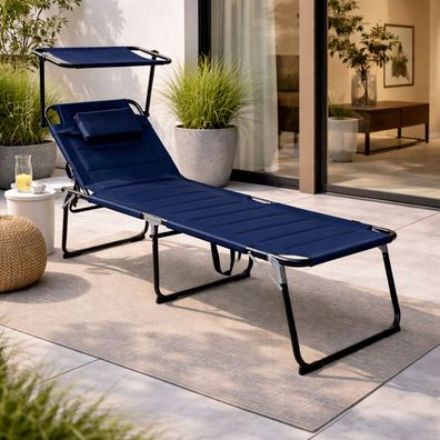 XXL Sonnenliege Gartenliege Liege Aluminium Dach Dunkelblau klappbar L200xB70cm