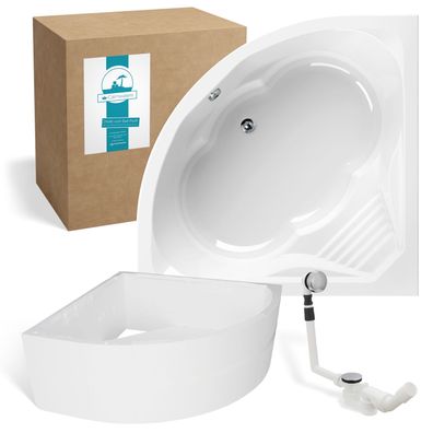 Calmwaters Eckwanne Curved Wellness 150 x 150 cm, Set Wannenträger und Ablaufgarnitur