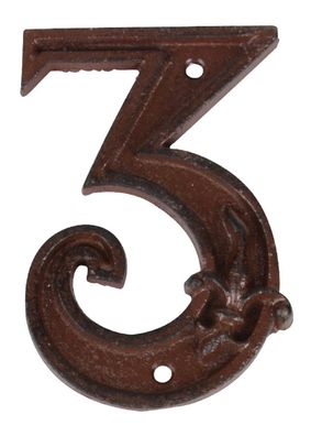 Gusseiserne Hausnummer "3" Robust, Rustikal und Zeitlos. In Braun