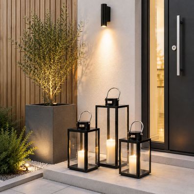 3tlg Gartenlaternen Set Laternen Windlichter Laterne Metall Schwarz 30/40/53cm
