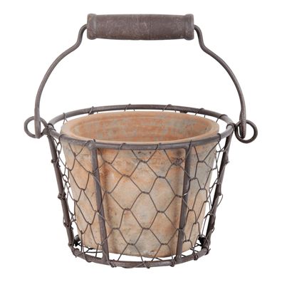 Blumen Topf im Draht Korb mit Henkel Aged Terracotta rund Set Pflanzen Garten