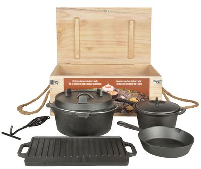 Dutch Oven 7er Set Koch Topf Grill Pfanne Deckel Holz Box Kiste Guss Feuer BBQ