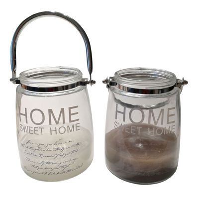 2er Set Windlicht aus Glas "Home Sweet Home" mit Henkel Ø 12,5 cm 16 cm hoch