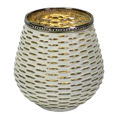 Stilvolles, großes Windlicht in weiß - Silber aus Glas und Metall. H14, Ø12,5 cm