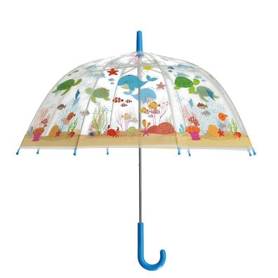 Esschert Design Kinder Regenschirm transparent mit Meerestieren und blauen Griff