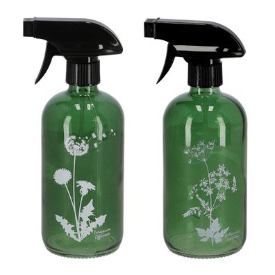 Esschert Design 2er-Set Sprühflaschen - grün - Glas, 0,5 l – Wildflower-Motiv