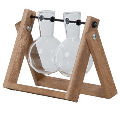 Zwei hängende Stecklings-Vasen aus Glas am Holzgestell – Ideal für Ableger