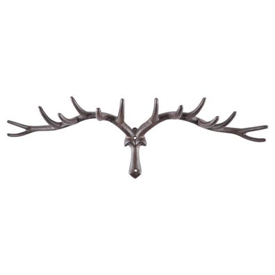 Rustikale Hirschgeweih Wandgarderobe aus Gusseisen mit 14 Haken Vintage braun