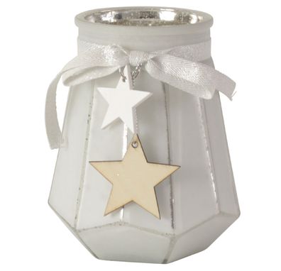 Elegantes Windlicht aus Glas in silber und weiß, mit zwei Sternanhängern