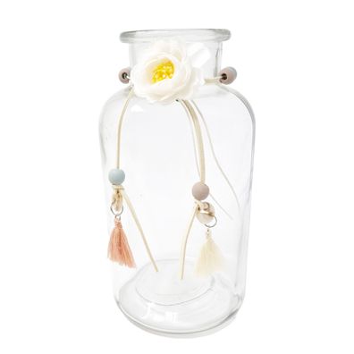 Glasvase Flaschenform H 20cm Ø 10cm Transparent Weiße Blumenschleife