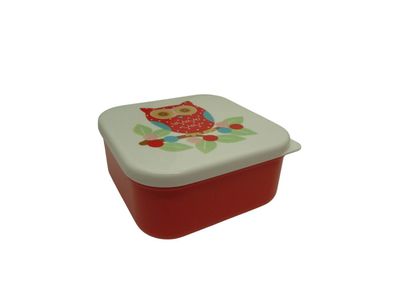 Süße Retro-Lunchbox aus Kunststoff in Rot mit buntem Print und niedlicher Eule