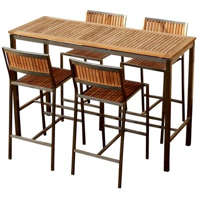 ALEOS. BAR-SET: Bartisch 160x60cm mit 4x Barhocker MEXIKO Edelstahl A-Grade Teak