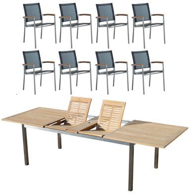 Gartengarnitur Edelstahl Teak Set: Ausziehtisch 200/240/280 + 8 Sessel Batyline