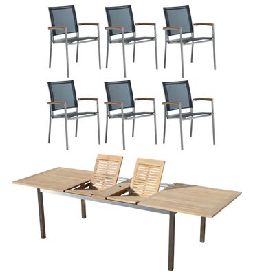 Gartengarnitur Edelstahl Teak Set: Ausziehtisch 200/240/280 + 6 Sessel Batyline