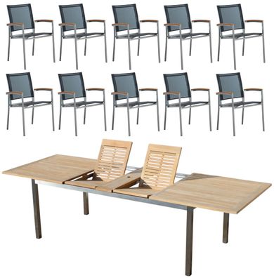 Gartengarnitur Edelstahl Teak Set: usziehtisch 200/240/280 + 10 Sessel Batyline