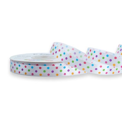 Satinband mit bunten Punkten 12mm x 25m Rolle Weiß