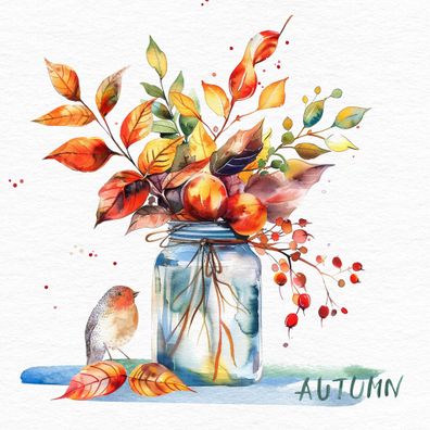 Servietten Papier 33x33cm 3-lag. mit Herbstlaub & Vogel Motiv 20 Stück