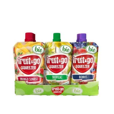 fruit&go Squeezer 18 Packungen Bio Fruchtpüree Modern, 3 Sorten mit 6 Packungen