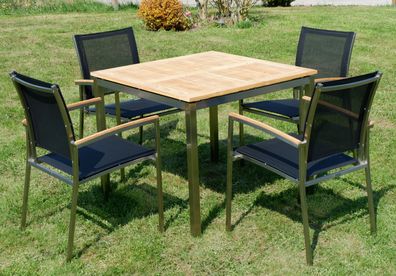 Gartengarnitur Edelstahl Teak Tisch 90x90 cm + 4 Sessel Serie KUBA-SCHWARZ