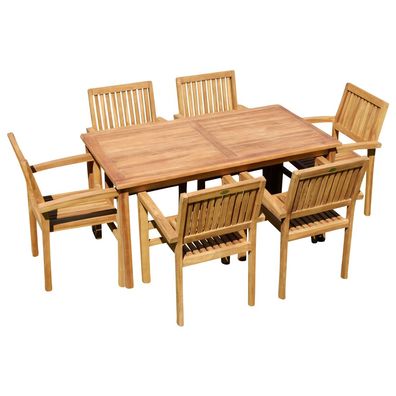 TEAK SET Gartengarnitur Gartentisch 150x80cm + 6 Miami Sessel stapelbar Teakholz