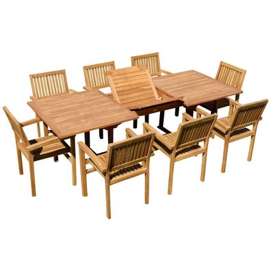 TEAK SET Gartengarnitur Gartentisch 180-240x100 cm + 8 Miami Sessel stapelbar