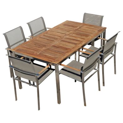 Gartengarnitur Edelstahl Teak Tisch 160x90 cm + 6 Sessel Batyline KUBA-BRAUN